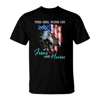 This Girl Runs On Jesus And Horses American Flag T-Shirt | Mazezy