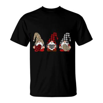 Three Gnomes Holding Leopard Heart  Plaid Valentines Day T-Shirt