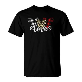 Three Hearts Leopard Buffalo Plaid Valentine's Day Girl Boy T-Shirt | Mazezy DE