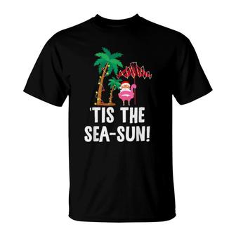 Tis The Seasun Tropical Christmas Season Santa Flamingo Fan T-Shirt | Mazezy