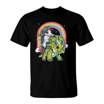 Unicorn Riding Dinosaur Triceratops Boys Kids Girls Rainbow T-Shirt | Mazezy