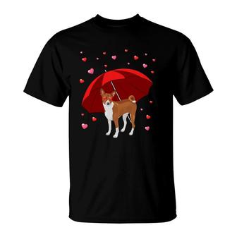 Valentines Basenji Dog Raining Hearts Valentine's Day T-Shirt | Mazezy