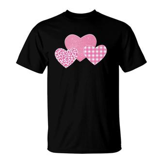 Valentine's Day Pink Leopard Buffalo Plaid Hearts Kids Girls T-Shirt
