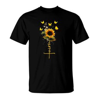 Vintage Faith Cross Sunflower Butterflies Flowers Christians T-Shirt | Mazezy