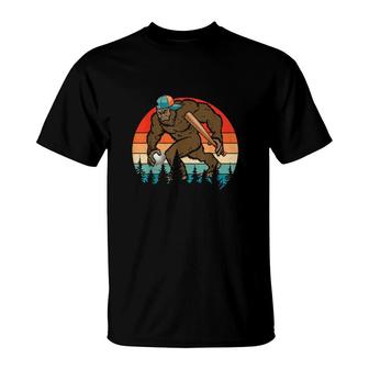 Vintage Retro Bigfoot Playing Baseball Cool Bigfoot Baseball T-Shirt | Mazezy