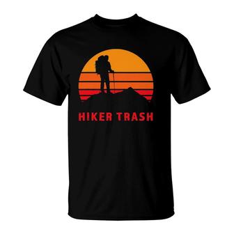 Vintage Sunset Distressed Text Thru Hiker Trash Mountain Sun T-Shirt | Mazezy