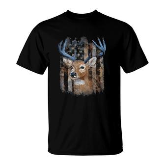 Whitetail Buck Deer Hunting American Flag Buck Hunting T-Shirt | Mazezy