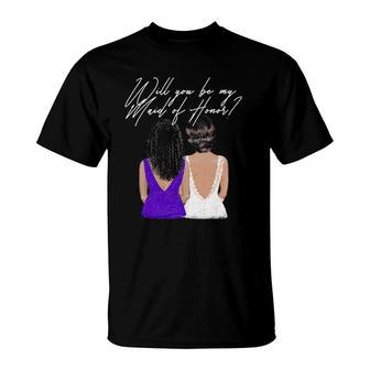 Will You Be My Maid Of Honor Black Bride Purple Wedding T-Shirt | Mazezy