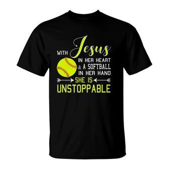 With Jesus In Her Heart & A Softball Hand She's Unstoppable T-Shirt | Mazezy