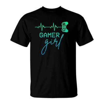 Woman Gamer Cute Gamer Girl Heartbeat Girly Video Games T-Shirt | Mazezy
