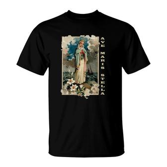 Womens Ave Maris Stella Lady Blessed Mother Mary Latin Catholic V-Neck T-Shirt | Mazezy