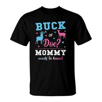 Womens Buck Or Doe Mommy Gender Reveal Pink Or Blue T-Shirt | Mazezy