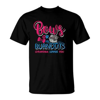 Womens Burnouts Or Bows Gender Reveal Baby Party Announce Grandma T-Shirt | Mazezy