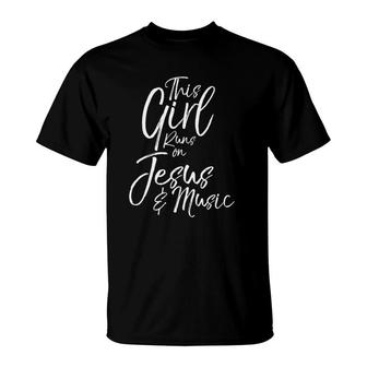 Womens Christian Musician Gift This Girl Runs On Jesus & Music T-Shirt | Mazezy