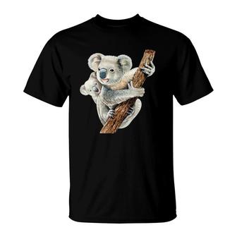 Womens Cute Koala Bear And Baby Realistic Watercolor V-Neck T-Shirt | Mazezy