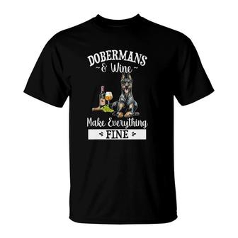 Womens Doberman And Wine Make Everything Fine V-Neck T-Shirt | Mazezy