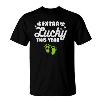 Womens Extra Lucky St Patrick's Day Pregnancy Announcement Mom Gift T-Shirt | Mazezy
