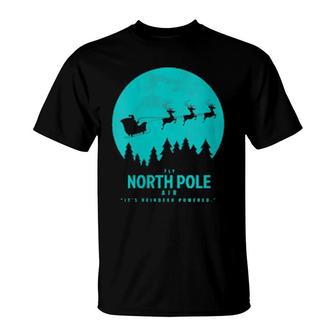Womens Fly North Pole Air With Santa's Reindeer Powered Flight T-Shirt | Mazezy