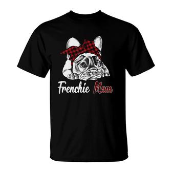 Womens Frenchie Mom French Bulldog With Red Plaid Headband T-Shirt | Mazezy
