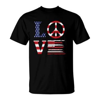 Womens Funny Patriotic 4Th Of July Love American Flag Peace Sign V-Neck T-Shirt | Mazezy