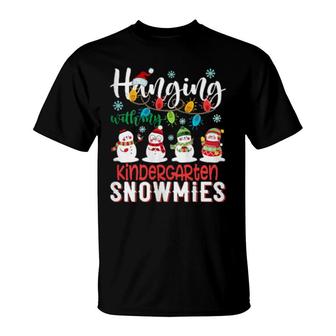 Womens Hanging With My Kindergarten Snowmies Christmas Teacher T-Shirt | Mazezy