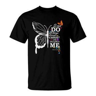 Womens I Can Do All Things Through Christ Butterfly Art Religious T-Shirt | Mazezy