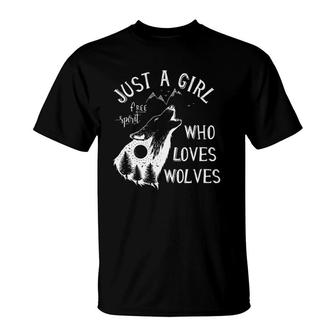 Womens Just A Girl Who Loves Wolves Gift Wolf Women Girls V-Neck T-Shirt | Mazezy CA