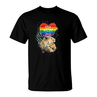 Womens Lgbt Pride Mama Lion Rainbow Free Mom Hugs Love Mothers Day V-Neck T-Shirt | Mazezy