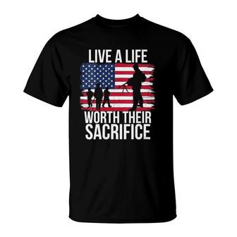 Womens Live A Life Worth Their Sacrifice Veterans Day Military Men V-Neck T-Shirt | Mazezy