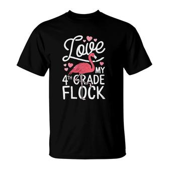 Womens Love My 4Th Grade Flock Flamingo Teacher Elementary Gift V-Neck T-Shirt | Mazezy