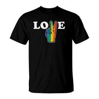 Womens Love Peace Sign Rainbow Lgbt Lesbian Gay Pride V-Sign T-Shirt | Mazezy