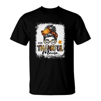 Womens Messy Bun One Thankful Momo Fall Autumn Thanksgiving T-Shirt | Mazezy
