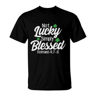 Womens Not Lucky Simply Blessed Romans 47-8 Clover Verse V-Neck T-Shirt | Mazezy
