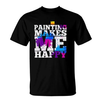Womens Painters Gift Painting Makes Happy Artist Paint Splatter V-Neck T-Shirt | Mazezy