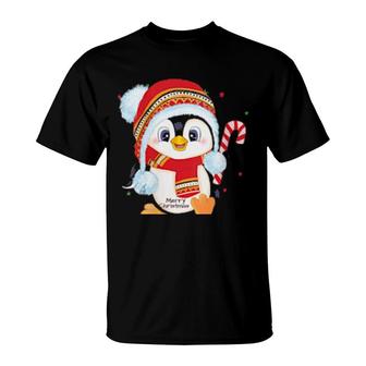 Womens Penguin With Santa Hat Matching Family Christmas Pajamas T-Shirt | Mazezy