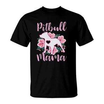 Womens Pitbull Mama Pink Flowers Pittie Mom Cute Mommy Gift V-Neck T-Shirt | Mazezy