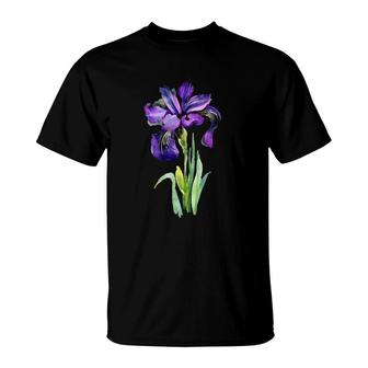 Womens Purple Iris Flower Vintage Art Design Delicate Colors T-Shirt | Mazezy