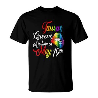 Womens Rainbow Queens Are Born On May 19Th Taurus Girl Birthday V-Neck T-Shirt | Mazezy