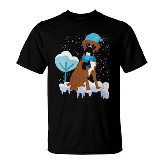 Womens Snowy Winter Animal Dog Cute Dog Owner Snowflake Boxer T-Shirt | Mazezy