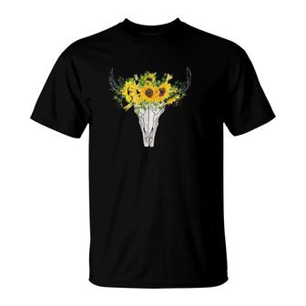 Womens Sunflower Bull Horns Mans Southern Western Country Rodeo T-Shirt | Mazezy