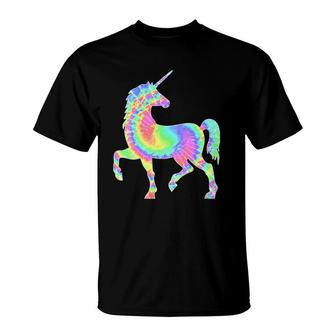 Womens Tie Dye Cute Unicorn Mythical Fairy Tale Colorful Horn Pink V-Neck T-Shirt | Mazezy