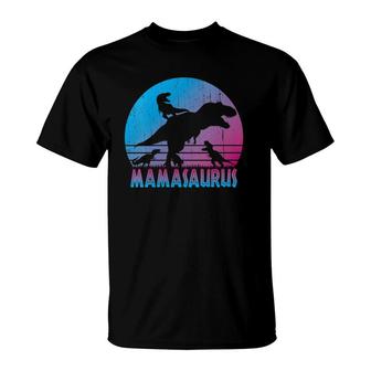 Womens Vintage Retro 3 Kids Mamasaurus Sunset Funny Gift For Mother V-Neck T-Shirt | Mazezy