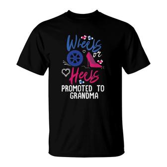 Womens Wheels Or Heels Promoted To Grandma Gender Reveal Party T-Shirt | Mazezy