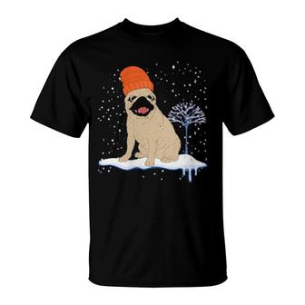 Womens Winter Dog Owner Pug Pet Animal Snowy Pug T-Shirt | Mazezy