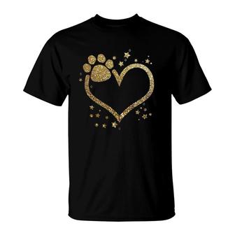Yellow Paw Print Heart Cute Dog Cat Love Valentine's Day T-Shirt | Mazezy