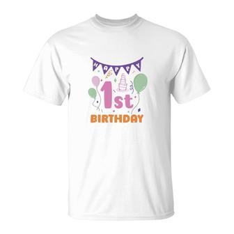 1St Birthday Banner Party Cake Colorful T-Shirt - Seseable