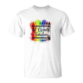 1St Grade Teacher Crayon Colorful Teacher Gift T-Shirt | Mazezy