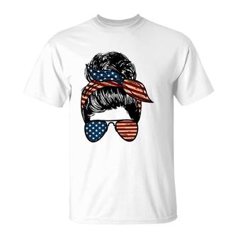 All American Mama Mother's Day Gift 4Th Of July Messy Bun American Flag Sunglasses Bandana T-Shirt | Mazezy