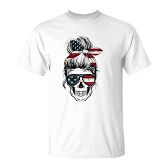 American Flag Skull Lady With Hair Bow And Glasses Flag T-Shirt | Mazezy
