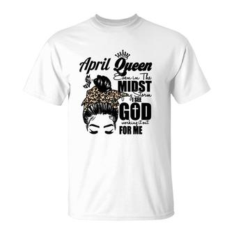 April Women April Queen Leopard Messy Bun Happy Birthday T-Shirt - Seseable